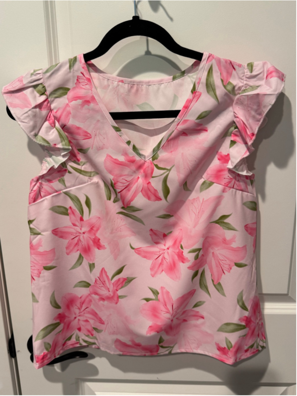 Women's SHEIN Floral Short Sleeve Ruffle Blouse, Size S, Pink and Green